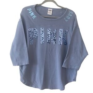Pink Victoria’s Secret Blue Sequins Logo 3/4 Sleeve Shirt